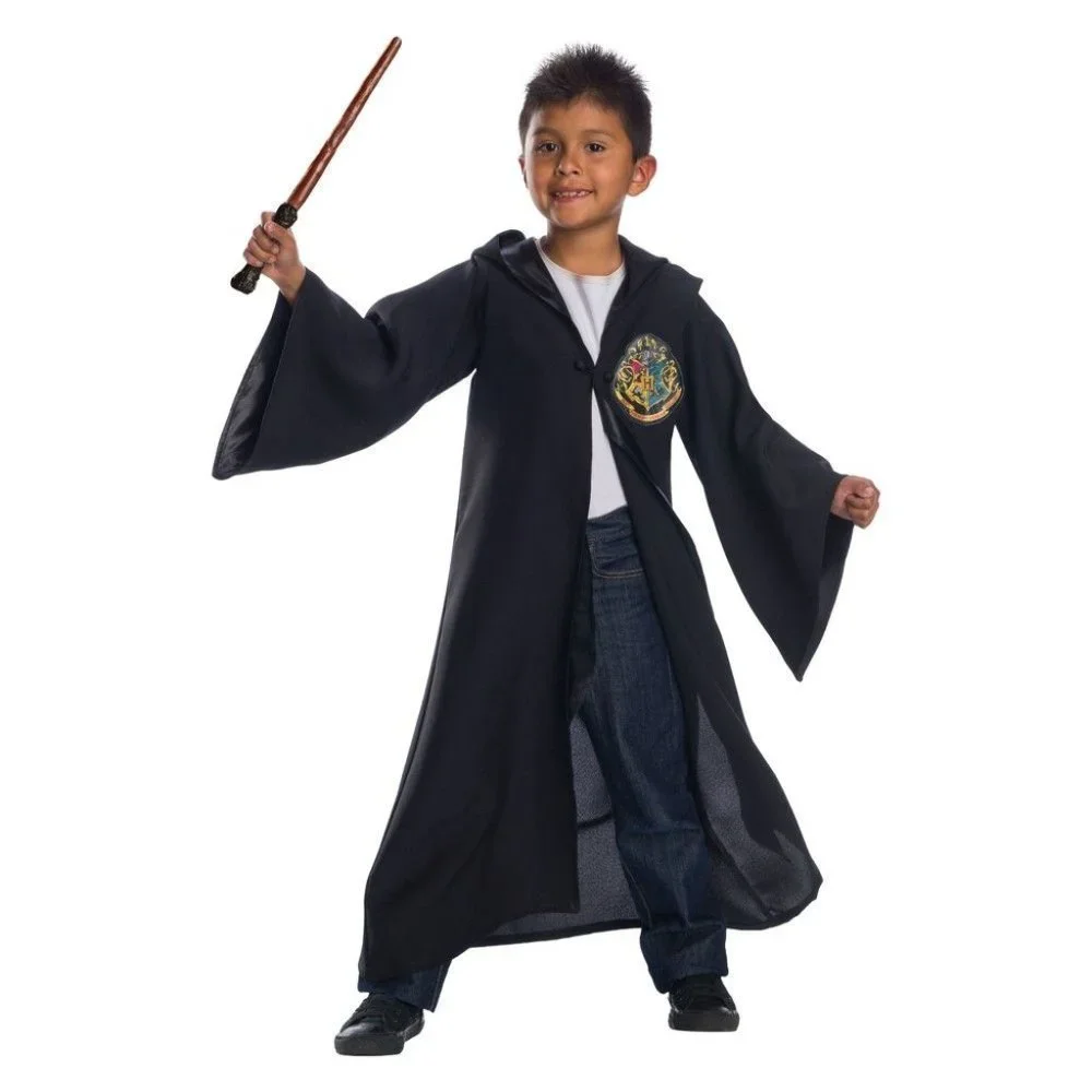 Harry Potter Hogwarts Robe & Light Up Wand Halloween Costume 8/10 Black Hooded
